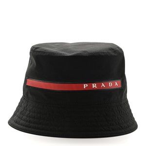 Prada Sport Bucket Hat Medium Black Nylon Red Logo Stripe Cap